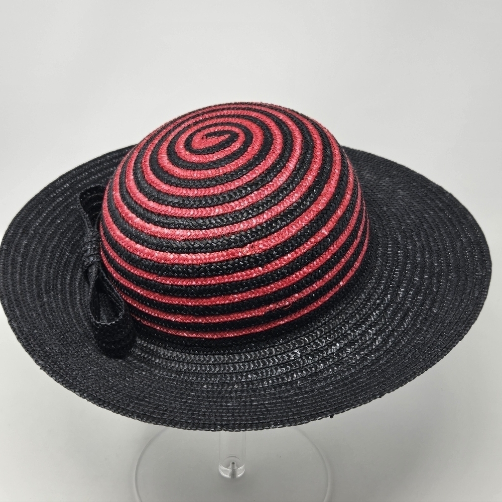 VINTAGE 100% NATURAL STRAW WOVEN HAT BLACK & RED SWIRL ITALY WOMEN OS WHIMSIGOTH - Picture 7 of 13
